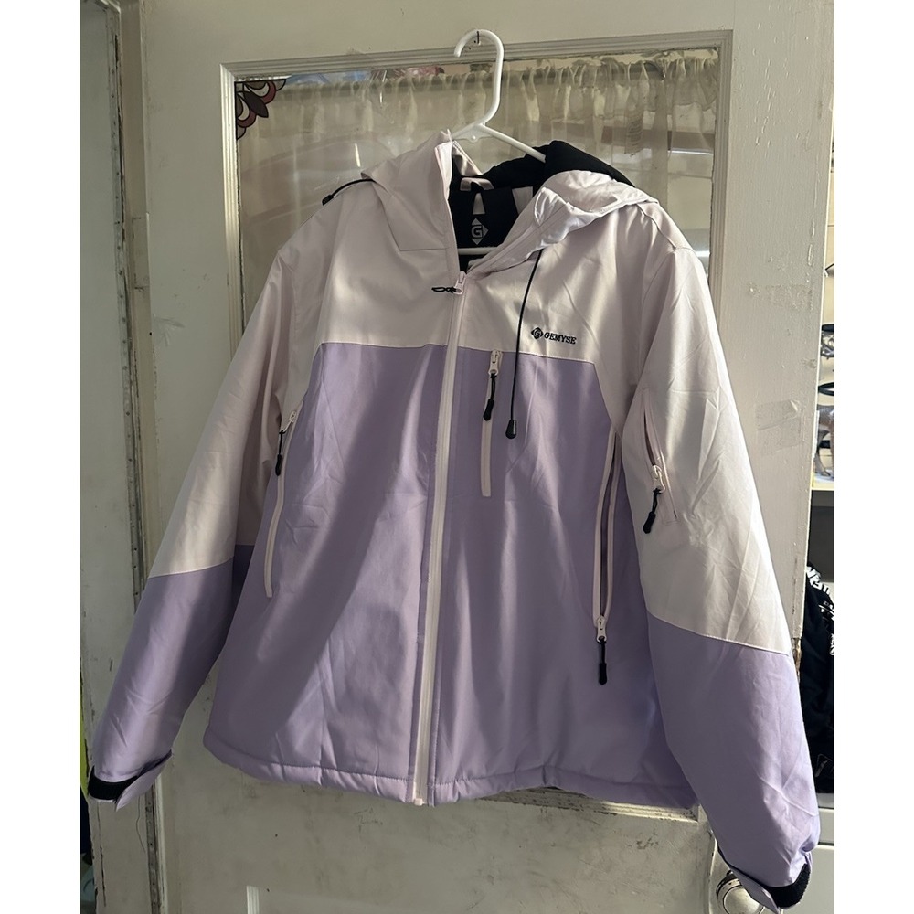GEMYSE Women's Ski Snow Jacket Hooded Color Block Purple White XL Waterproof - Picture 5 of 7